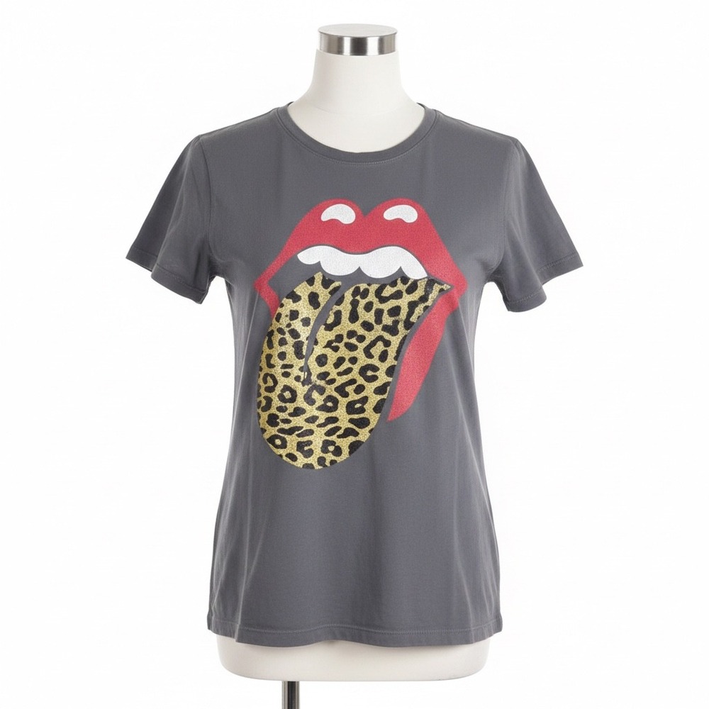 Daydreamer Rolling Stones T-Shirt Women M Charcoal Gray Leopard Tongue Graphic